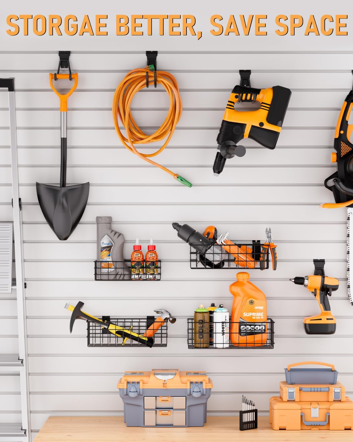 4 Pack Black Slatwall Baskets Set, Ventilated Metal Hanging Storage Slat Wall Basket, Mounted Slatwall Accessories for Garage Rooms Shops Storage Organizing Display on Slatwall Panels