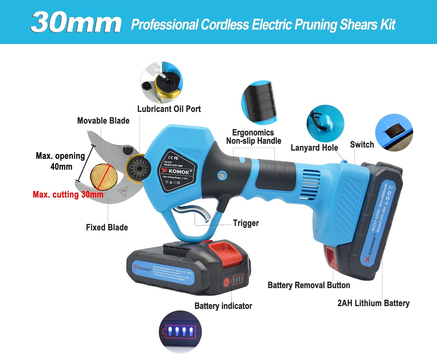 Electric Pruning Shears, Cordless Electric Pruner Battery Operated Tree Branch Cutter with 2Pcs 2Ah Lithium Batteries, 1.2 Inch (30Mm) Cutting Diameter 8-10 Working Hours