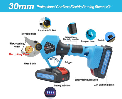 Electric Pruning Shears, Cordless Electric Pruner Battery Operated Tree Branch Cutter with 2Pcs 2Ah Lithium Batteries, 1.2 Inch (30Mm) Cutting Diameter 8-10 Working Hours