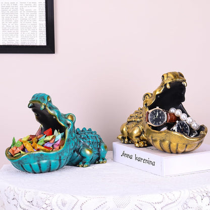 Alligator Statue Home Decorative Candy Bowl Resin Alligator Figurine Sculpture Table Art Decoration Sundries Key Container Storage Box (Alligator-Green)