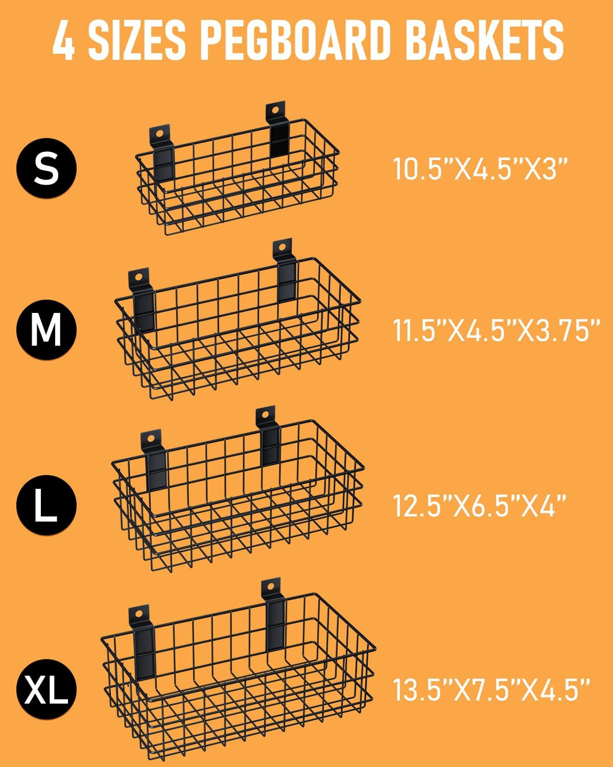 4 Pack Black Slatwall Baskets Set, Ventilated Metal Hanging Storage Slat Wall Basket, Mounted Slatwall Accessories for Garage Rooms Shops Storage Organizing Display on Slatwall Panels