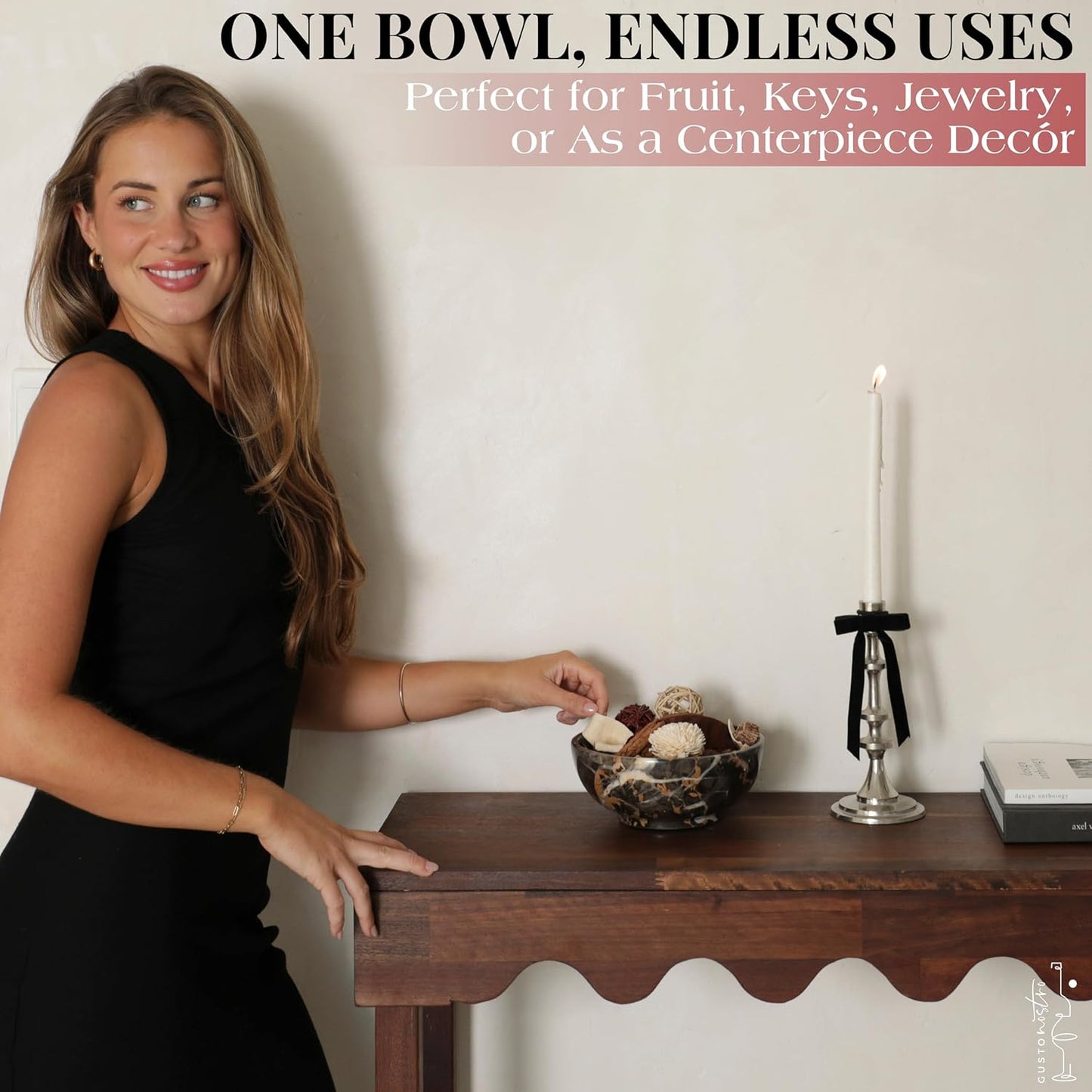 8" Luxury Black Marble Decorative Bowl for Coffee Table - Elegant Decorative Fruit Bowl for Kitchen Counter - Heavy Stone Entryway Catch All for Keys, Potpourri Holder Centerpiece, Medium