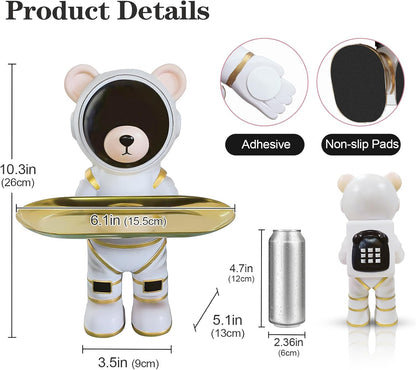 Astronaut Bear Gifts Key Holder Candy Dish Tray Home Decor Resin Butler Statue Key Bowl Entryway Table Sculpture Dining Table Decor Office Small Object Tray (White)