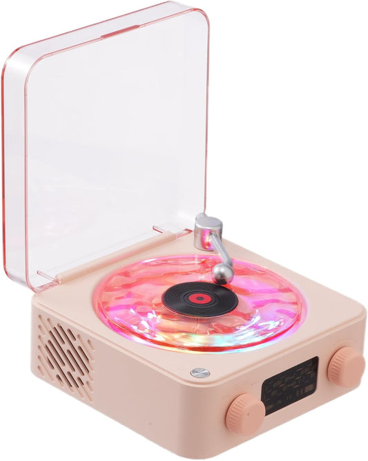 Waves Vinyl Bluetooth Speaker, Vinyl Record Player Style Speaker with Ocean Sound White Noise, Retro Bluetooth Speaker with Ambient Light and Timer, Mini Record Player Cute Speaker, Pink