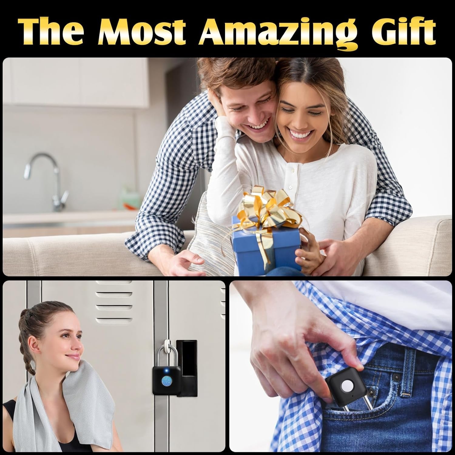 Fingerprint Padlock,  Smart Padlock, Locker Lock, Fingerprint Lock with APP Unlock, USB Rechargeable, Suitable for Gym Locker, Door(Black)