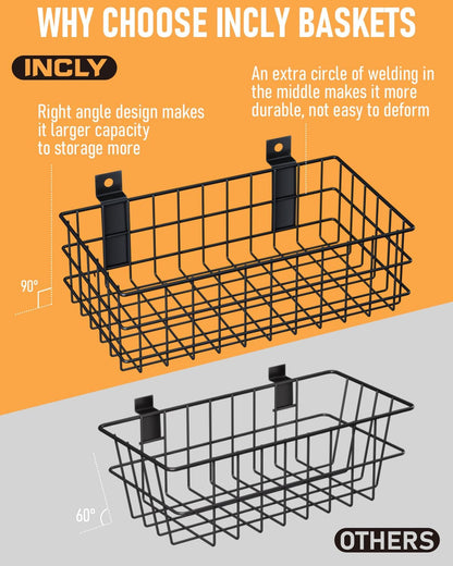 4 Pack Black Slatwall Baskets Set, Ventilated Metal Hanging Storage Slat Wall Basket, Mounted Slatwall Accessories for Garage Rooms Shops Storage Organizing Display on Slatwall Panels