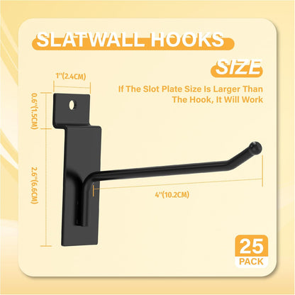Black Slatwall Hooks 4 Inch, 25PC, Heavy Duty, Slat Wall Hanging Hooks, Display Hooks for Retail, Slatwall Accessories