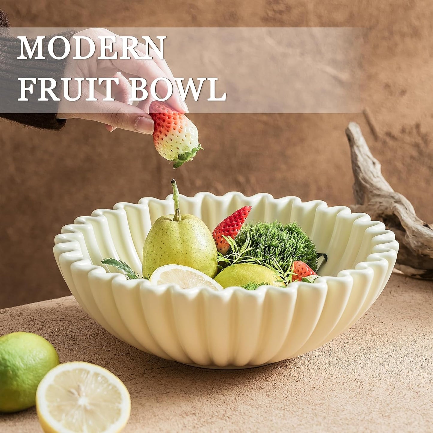 Large Decorative Bowl, White Ceramic Fruit Bowl for Kitchen Counter, Key Bowls for Entryway Table, Modern Coffee Table Home Decor, Scalloped Handmade Artwork