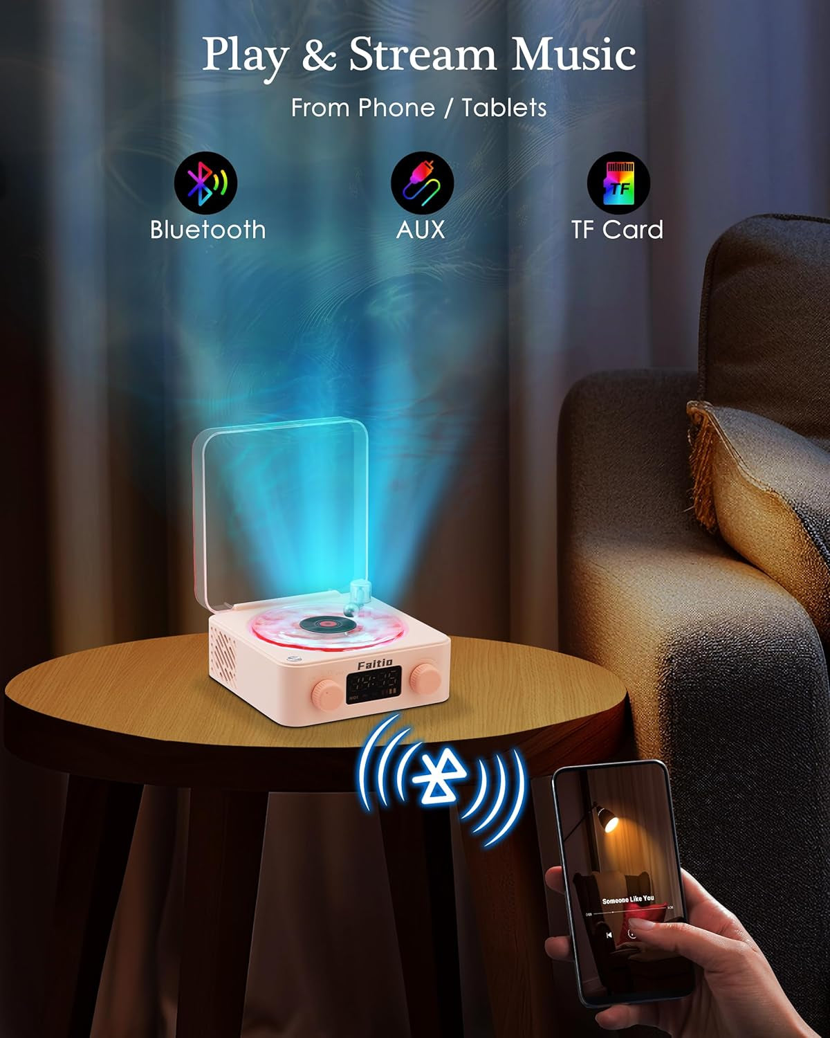 Waves Vinyl Bluetooth Speaker, Vinyl Record Player Style Speaker with Ocean Sound White Noise, Retro Bluetooth Speaker with Ambient Light and Timer, Mini Record Player Cute Speaker, Pink