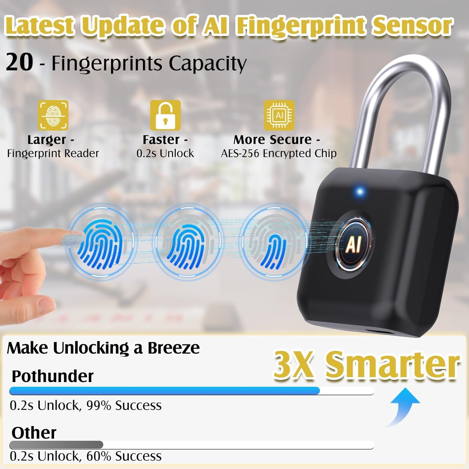 Fingerprint Padlock,  Smart Padlock, Locker Lock, Fingerprint Lock with APP Unlock, USB Rechargeable, Suitable for Gym Locker, Door(Black)