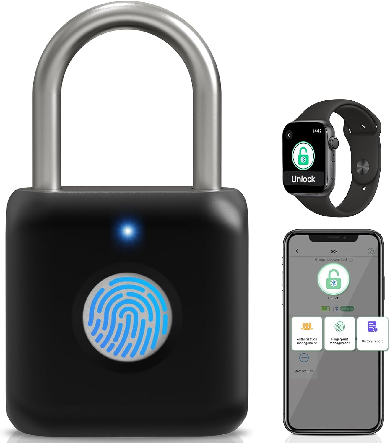 Fingerprint Padlock,  Smart Padlock, Locker Lock, Fingerprint Lock with APP Unlock, USB Rechargeable, Suitable for Gym Locker, Door(Black)