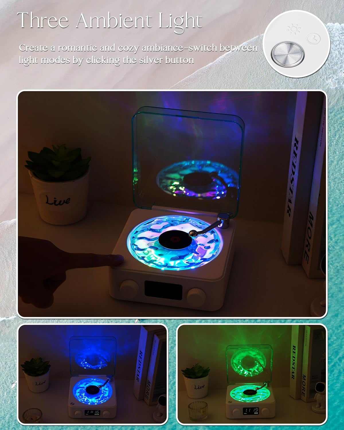 Waves Vinyl Bluetooth Speaker, Vinyl Record Player Style Speaker with Ocean Sound White Noise, Retro Bluetooth Speaker with Ambient Light and Timer, Mini Record Player Cute Speaker, White