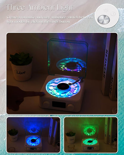Waves Vinyl Bluetooth Speaker, Vinyl Record Player Style Speaker with Ocean Sound White Noise, Retro Bluetooth Speaker with Ambient Light and Timer, Mini Record Player Cute Speaker, White