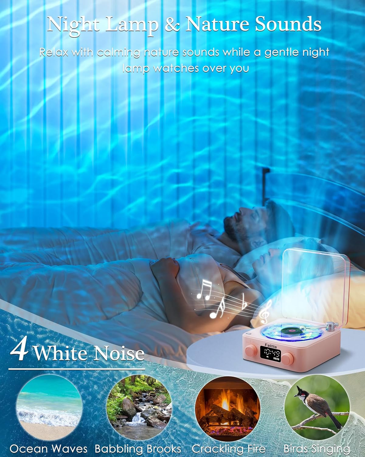 Waves Vinyl Bluetooth Speaker, Vinyl Record Player Style Speaker with Ocean Sound White Noise, Retro Bluetooth Speaker with Ambient Light and Timer, Mini Record Player Cute Speaker, Pink