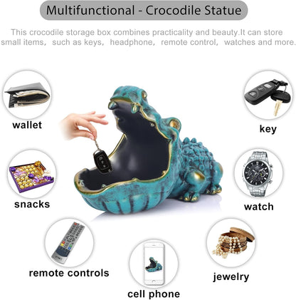 Crocodile Candy Dish, Fun Crocodile Statue Key Bowl for Entryway Table, Green Big Mouth Sculpture Weird Animal Hippo Candy Bowl - for Office Entry Way Table Art Sundries Container Storage Box