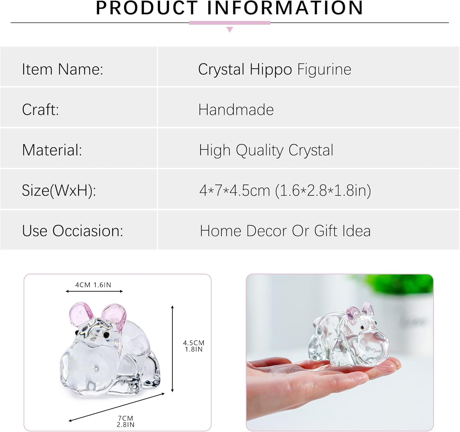 2.8Inch Crystal Hippo Figurines Collectibles Gift for Mom from Daughter Art Glass Hippopotamus Statue Animal Paperweight Ornament for Table Home Decoration