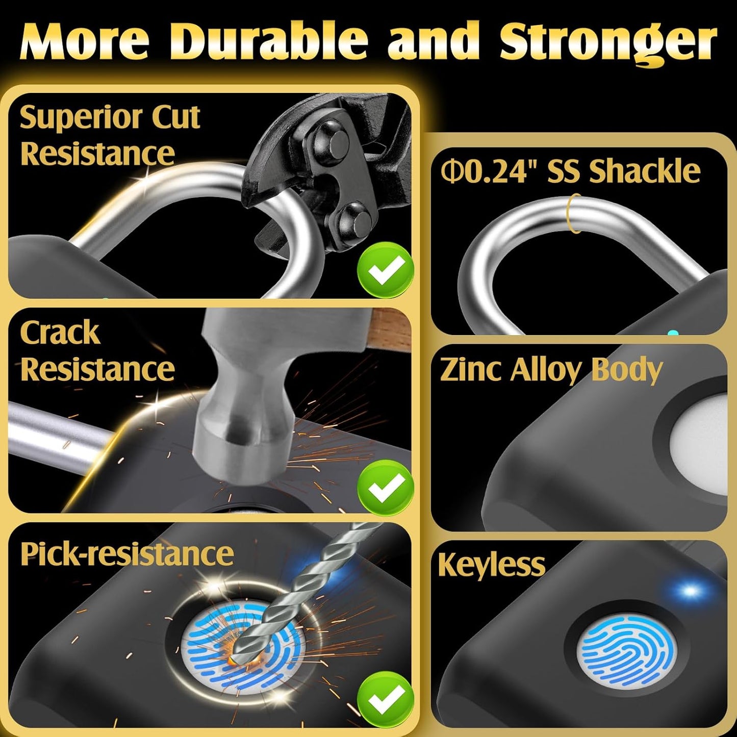 Fingerprint Padlock,  Smart Padlock, Locker Lock, Fingerprint Lock with APP Unlock, USB Rechargeable, Suitable for Gym Locker, Door(Black)