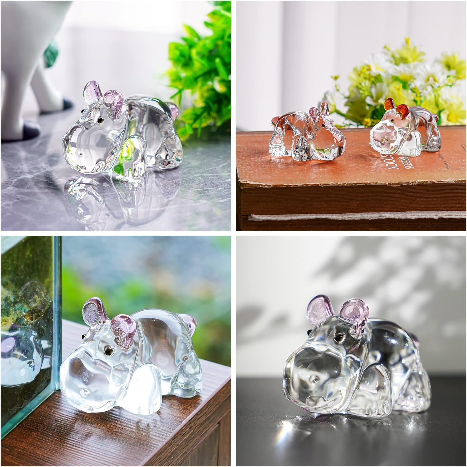 2.8Inch Crystal Hippo Figurines Collectibles Gift for Mom from Daughter Art Glass Hippopotamus Statue Animal Paperweight Ornament for Table Home Decoration
