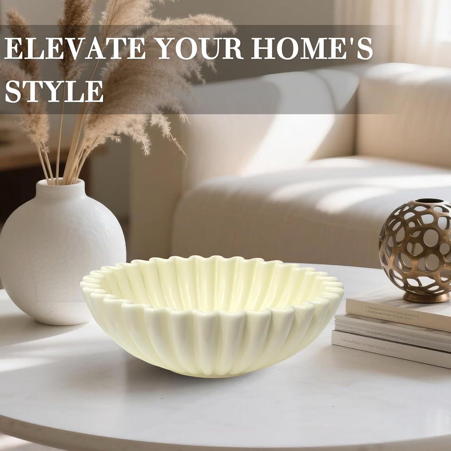 Large Decorative Bowl, White Ceramic Fruit Bowl for Kitchen Counter, Key Bowls for Entryway Table, Modern Coffee Table Home Decor, Scalloped Handmade Artwork