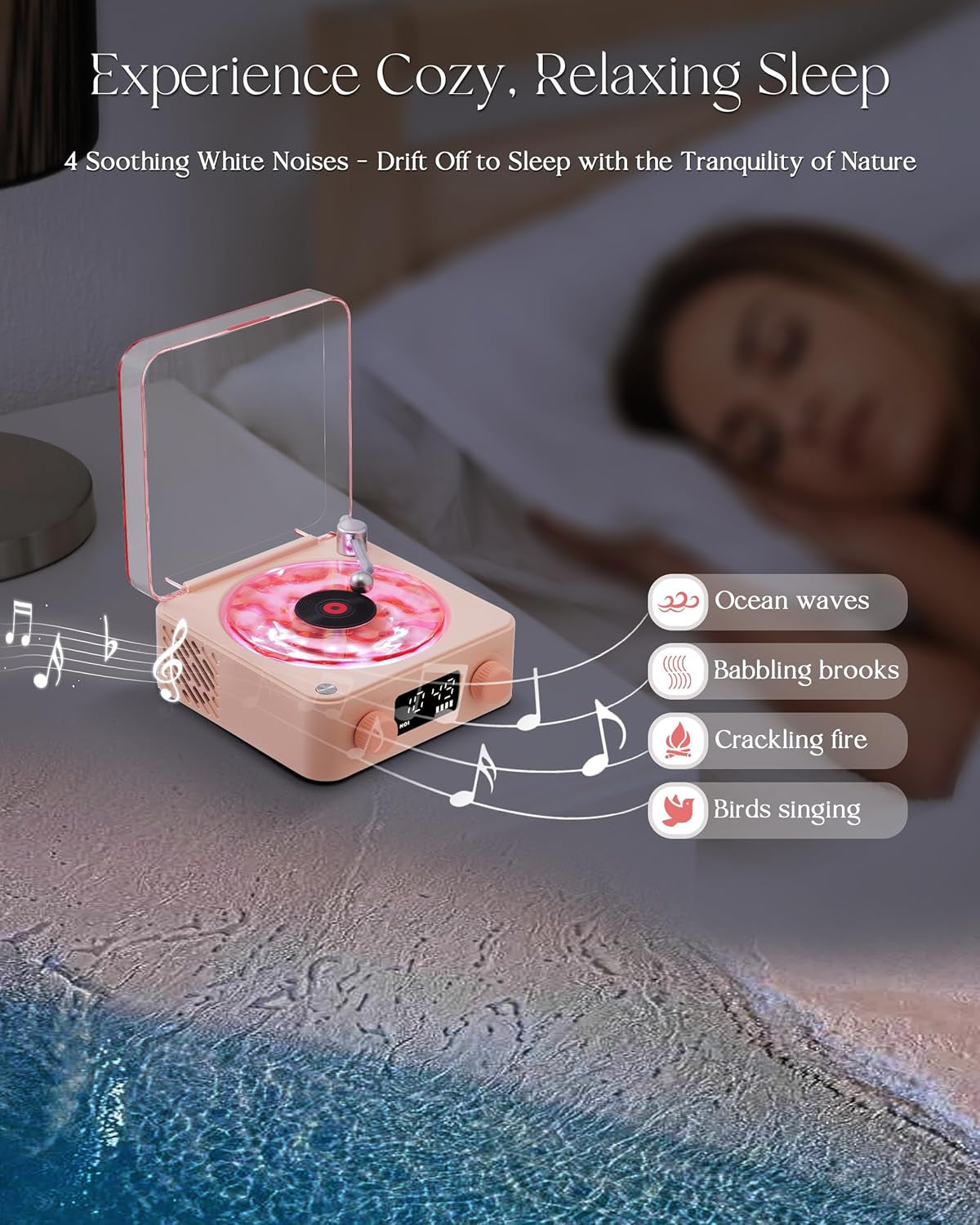 Waves Vinyl Bluetooth Speaker, Vinyl Record Player Style Speaker with Ocean Sound White Noise, Retro Bluetooth Speaker with Ambient Light and Timer, Mini Record Player Cute Speaker, Pink