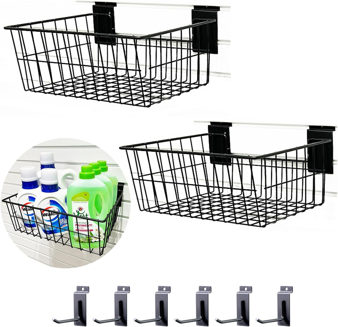 Slatwall Baskets 15 Inch, Large Slatwall Wire Baskets, Heavy-Duty Slat Wall Hanging Bins for Garage, Shops, Rooms, 2 Pack