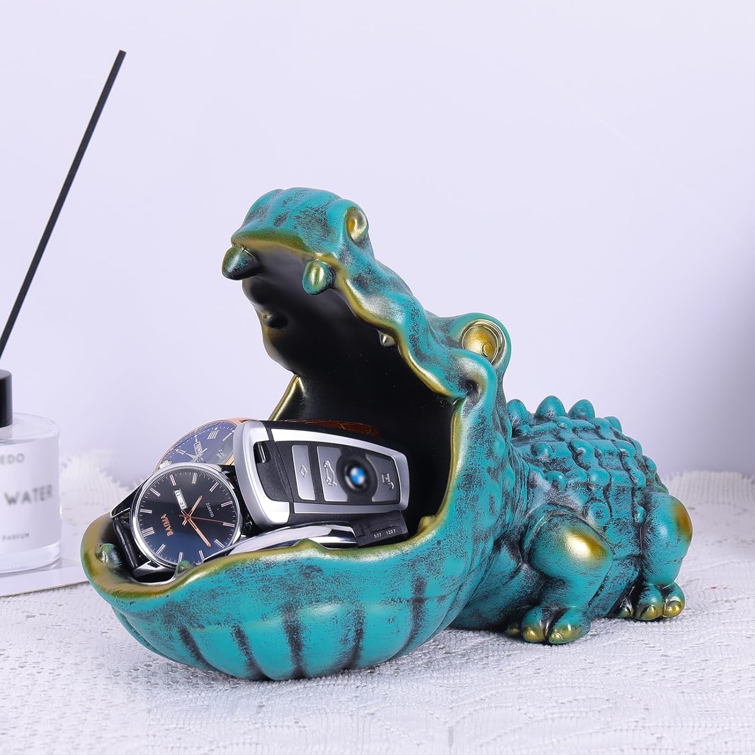 Alligator Statue Home Decorative Candy Bowl Resin Alligator Figurine Sculpture Table Art Decoration Sundries Key Container Storage Box (Alligator-Green)