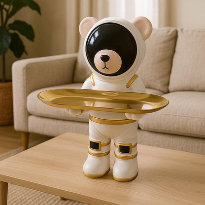 Astronaut Bear Gifts Key Holder Candy Dish Tray Home Decor Resin Butler Statue Key Bowl Entryway Table Sculpture Dining Table Decor Office Small Object Tray (White)