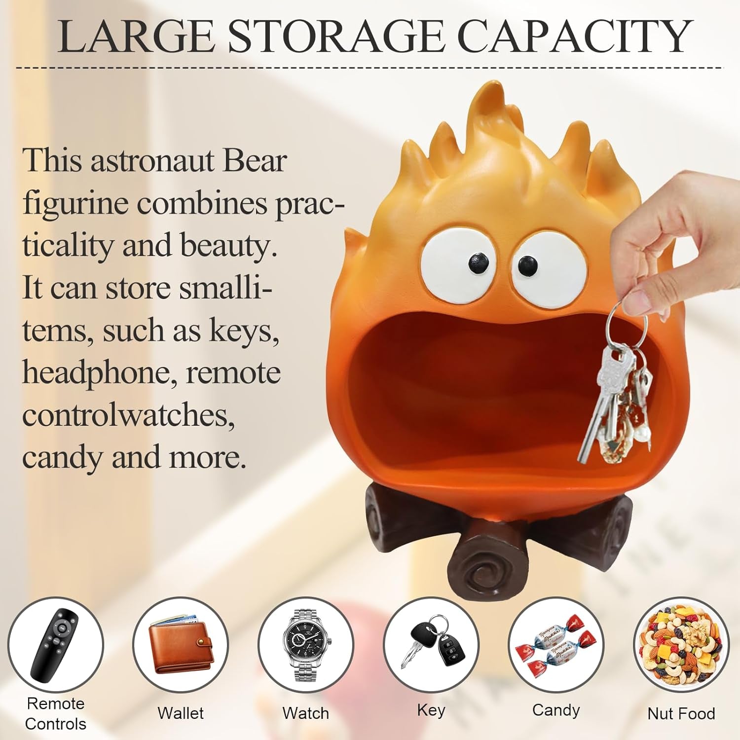 Funny Resin Flame Statue with Candy Dish & Key Dish, Entryway Table Candy Bowl Decor (Orange)