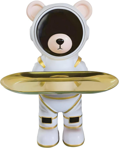 Astronaut Bear Gifts Key Holder Candy Dish Tray Home Decor Resin Butler Statue Key Bowl Entryway Table Sculpture Dining Table Decor Office Small Object Tray (White)
