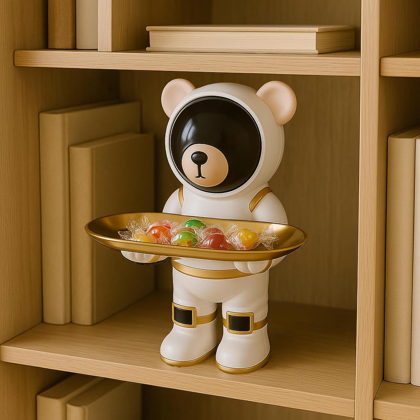 Astronaut Bear Gifts Key Holder Candy Dish Tray Home Decor Resin Butler Statue Key Bowl Entryway Table Sculpture Dining Table Decor Office Small Object Tray (White)