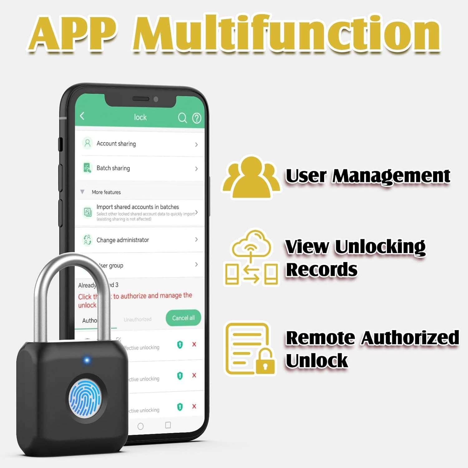 Fingerprint Padlock,  Smart Padlock, Locker Lock, Fingerprint Lock with APP Unlock, USB Rechargeable, Suitable for Gym Locker, Door(Black)