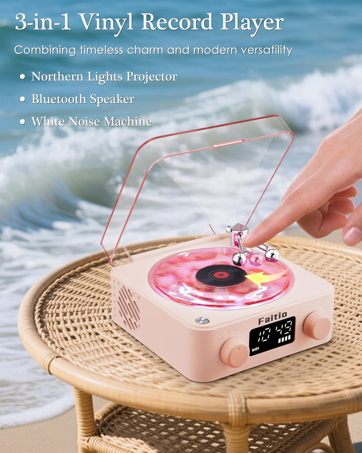 Waves Vinyl Bluetooth Speaker, Vinyl Record Player Style Speaker with Ocean Sound White Noise, Retro Bluetooth Speaker with Ambient Light and Timer, Mini Record Player Cute Speaker, Pink