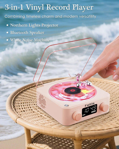 Waves Vinyl Bluetooth Speaker, Vinyl Record Player Style Speaker with Ocean Sound White Noise, Retro Bluetooth Speaker with Ambient Light and Timer, Mini Record Player Cute Speaker, Pink