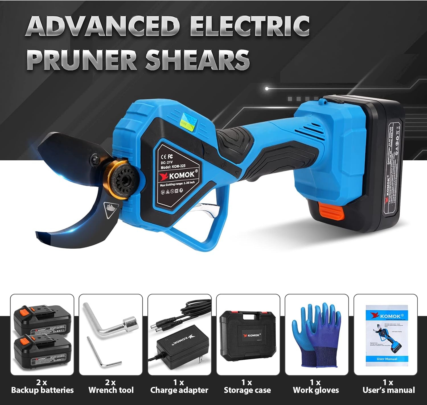 Electric Pruning Shears, Professional Cordless Electric Pruner, Battery Powered Tree Branch Cutter with 2Pcs 2Ah Battery, 1.26 Inch Cutting Diameter, up to 10 Working Hours