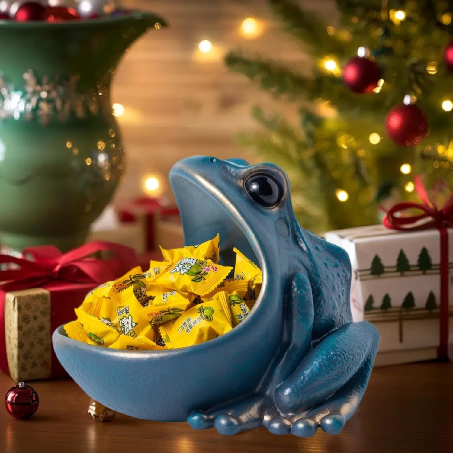 Large Mouth Frog Statue Candy Dish Jar for Office Desk, Funny Decorative Key Bowl for Entryway Table, Container Storage Box Living Room Table Art Decoration (Blue)