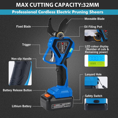 Electric Pruning Shears, Professional Cordless Electric Pruner, Battery Powered Tree Branch Cutter with 2Pcs 2Ah Battery, 1.26 Inch Cutting Diameter, up to 10 Working Hours