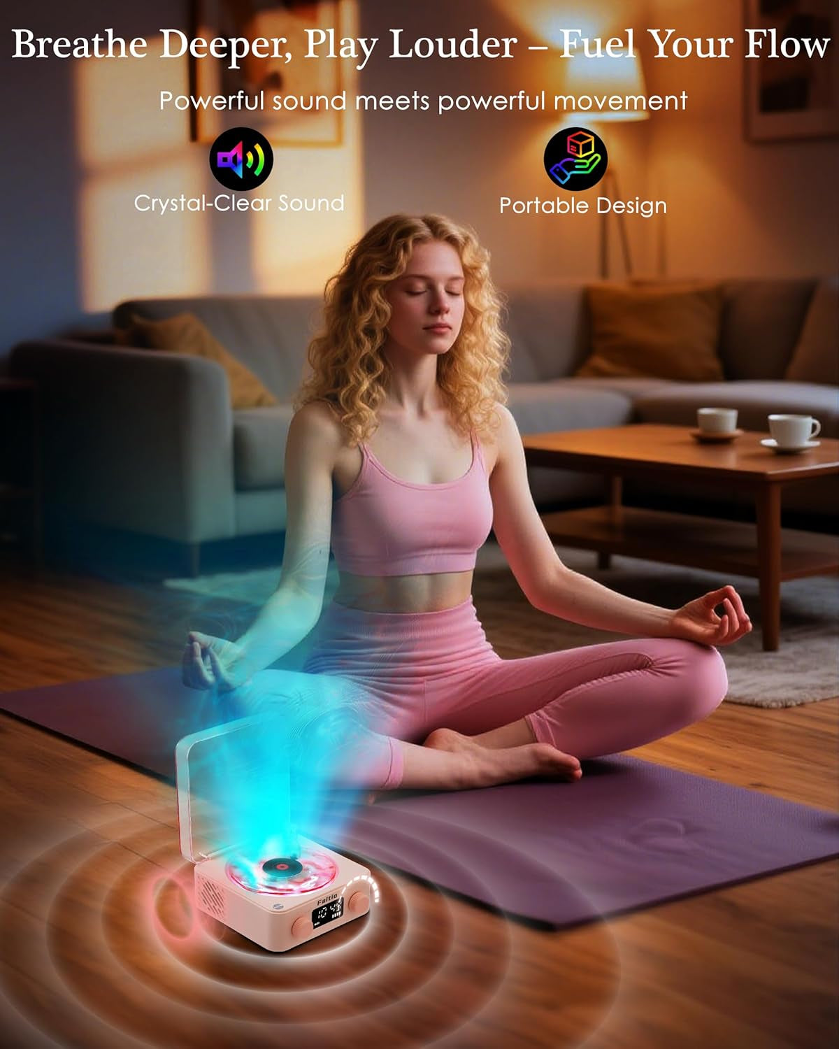 Waves Vinyl Bluetooth Speaker, Vinyl Record Player Style Speaker with Ocean Sound White Noise, Retro Bluetooth Speaker with Ambient Light and Timer, Mini Record Player Cute Speaker, Pink