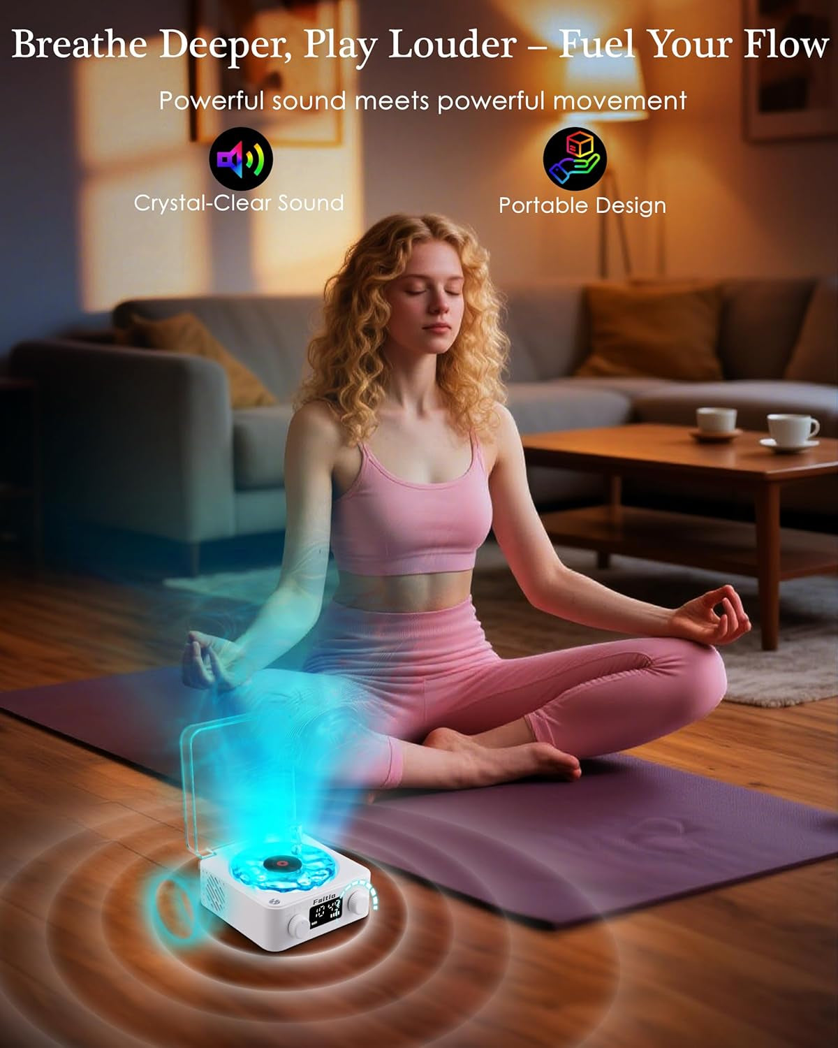 Waves Vinyl Bluetooth Speaker, Vinyl Record Player Style Speaker with Ocean Sound White Noise, Retro Bluetooth Speaker with Ambient Light and Timer, Mini Record Player Cute Speaker, White