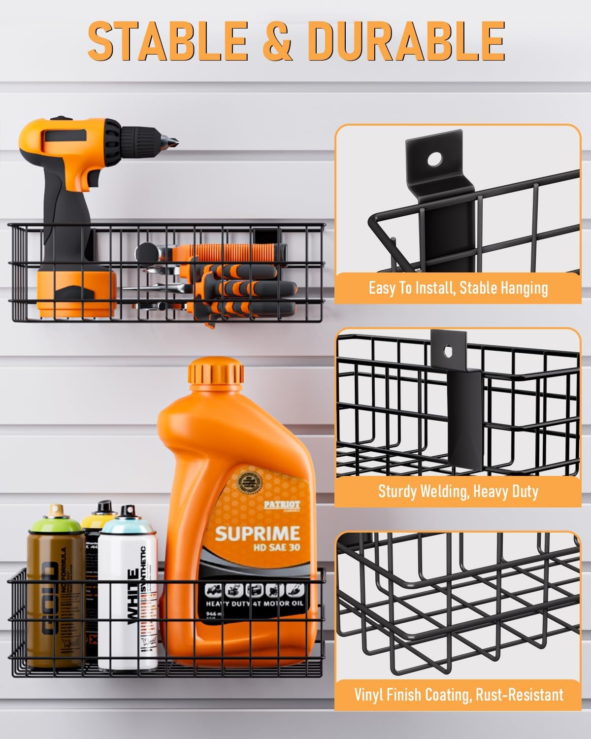 4 Pack Black Slatwall Baskets Set, Ventilated Metal Hanging Storage Slat Wall Basket, Mounted Slatwall Accessories for Garage Rooms Shops Storage Organizing Display on Slatwall Panels