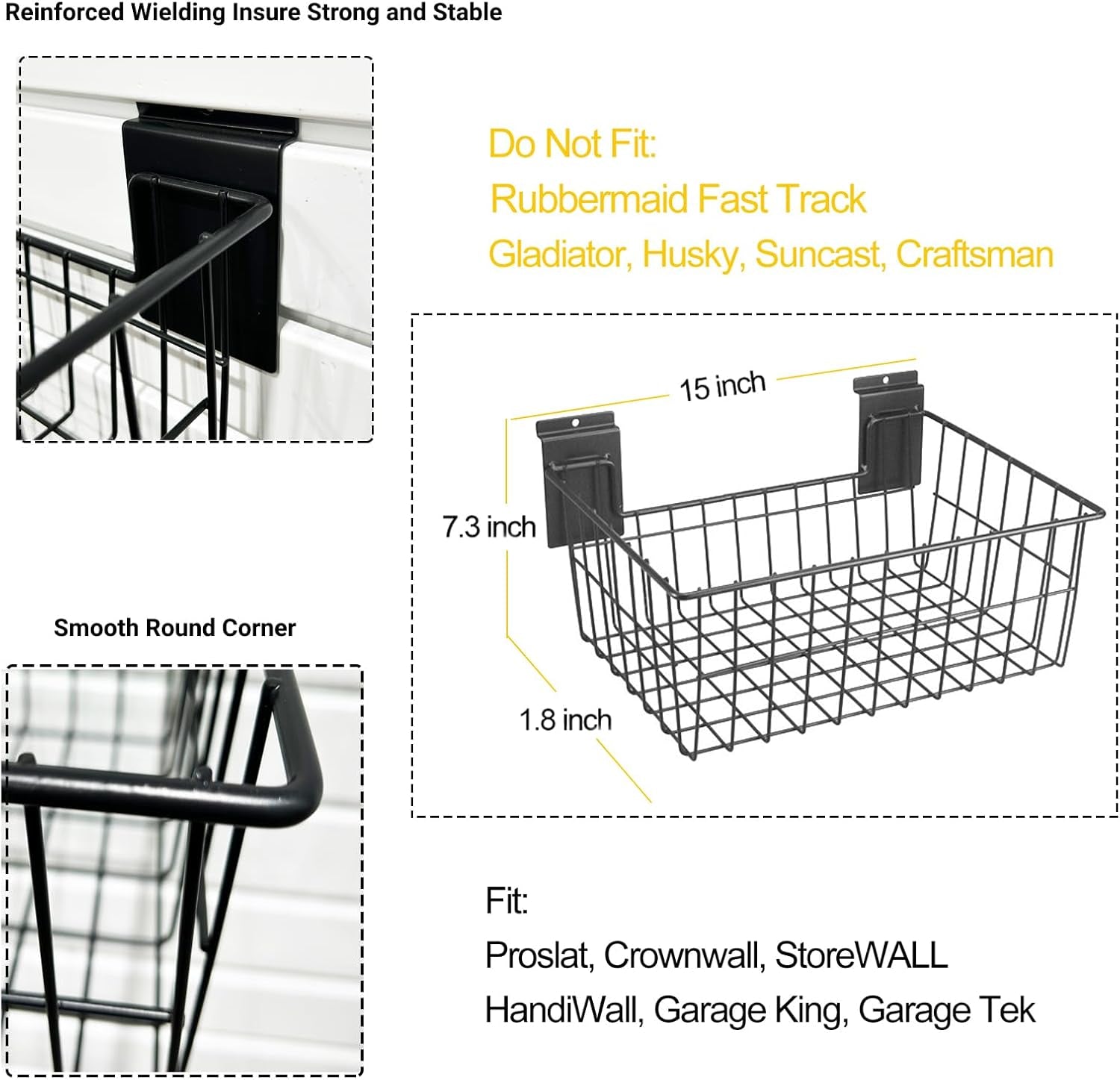Slatwall Baskets 15 Inch, Large Slatwall Wire Baskets, Heavy-Duty Slat Wall Hanging Bins for Garage, Shops, Rooms, 2 Pack