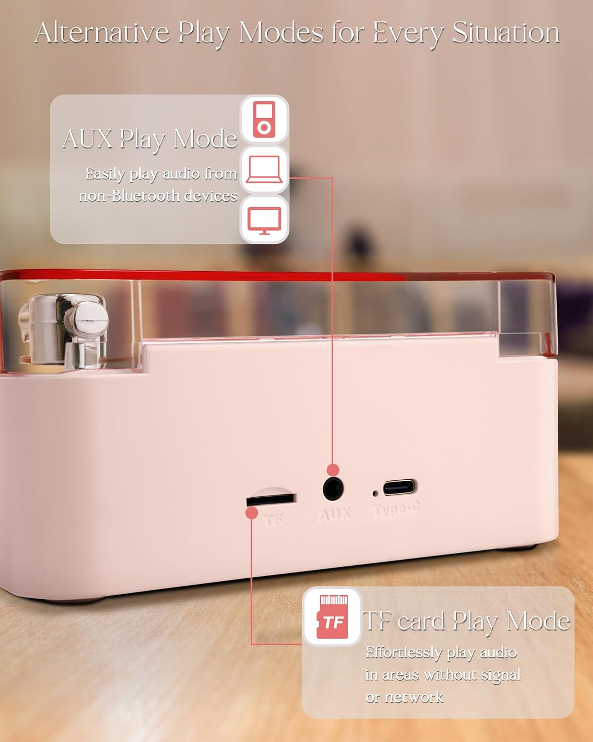 Waves Vinyl Bluetooth Speaker, Vinyl Record Player Style Speaker with Ocean Sound White Noise, Retro Bluetooth Speaker with Ambient Light and Timer, Mini Record Player Cute Speaker, Pink