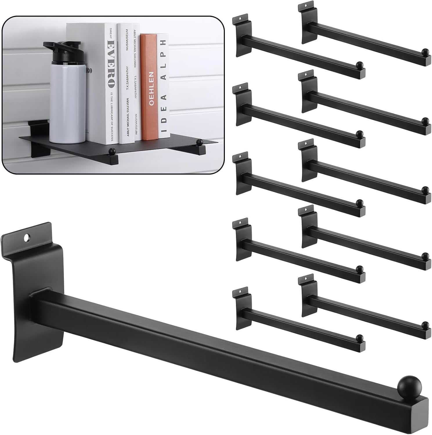 10 Pieces Slat Wall Faceout, 12 Inch Metal Square Straight Arm Hooks, Slatwall Hooks and Hangers Slatwall Accessories for Clothing Retail Garage Shop Display (Black)