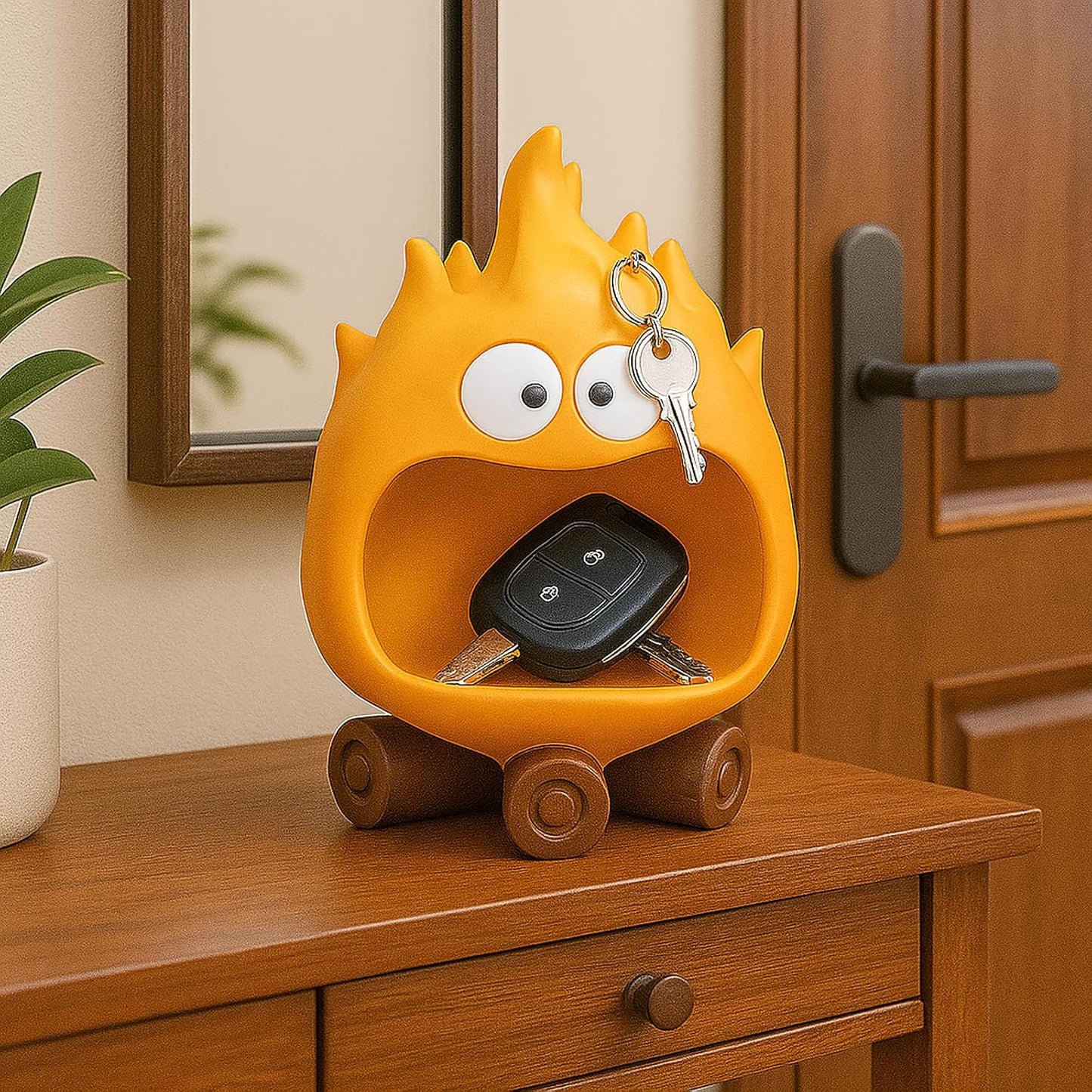 Funny Resin Flame Statue with Candy Dish & Key Dish, Entryway Table Candy Bowl Decor (Orange)