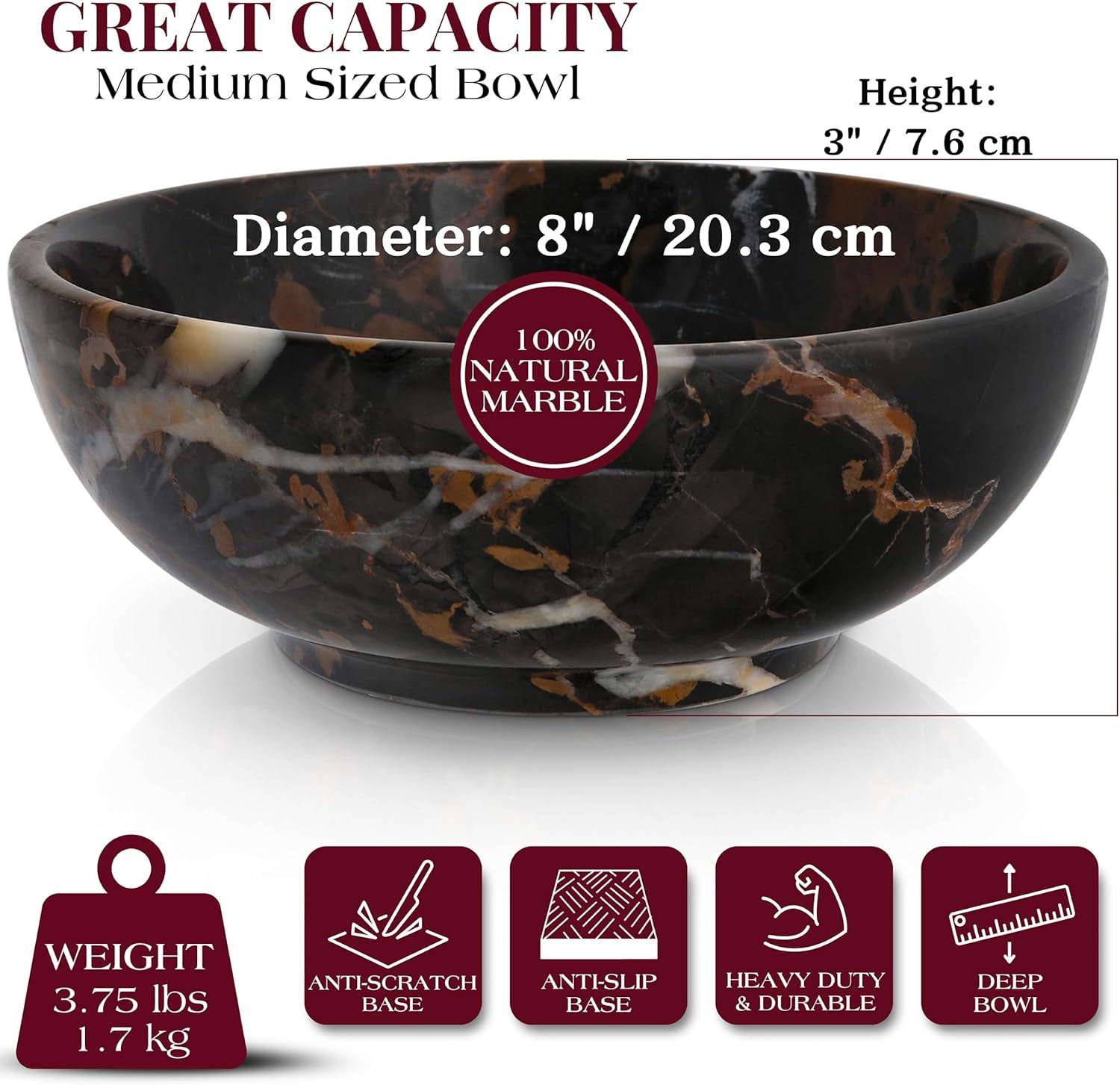 8" Luxury Black Marble Decorative Bowl for Coffee Table - Elegant Decorative Fruit Bowl for Kitchen Counter - Heavy Stone Entryway Catch All for Keys, Potpourri Holder Centerpiece, Medium