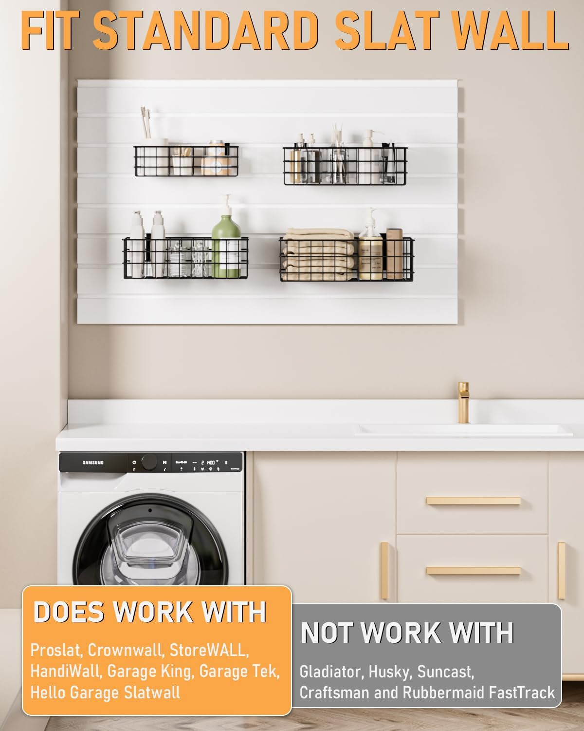 4 Pack Black Slatwall Baskets Set, Ventilated Metal Hanging Storage Slat Wall Basket, Mounted Slatwall Accessories for Garage Rooms Shops Storage Organizing Display on Slatwall Panels