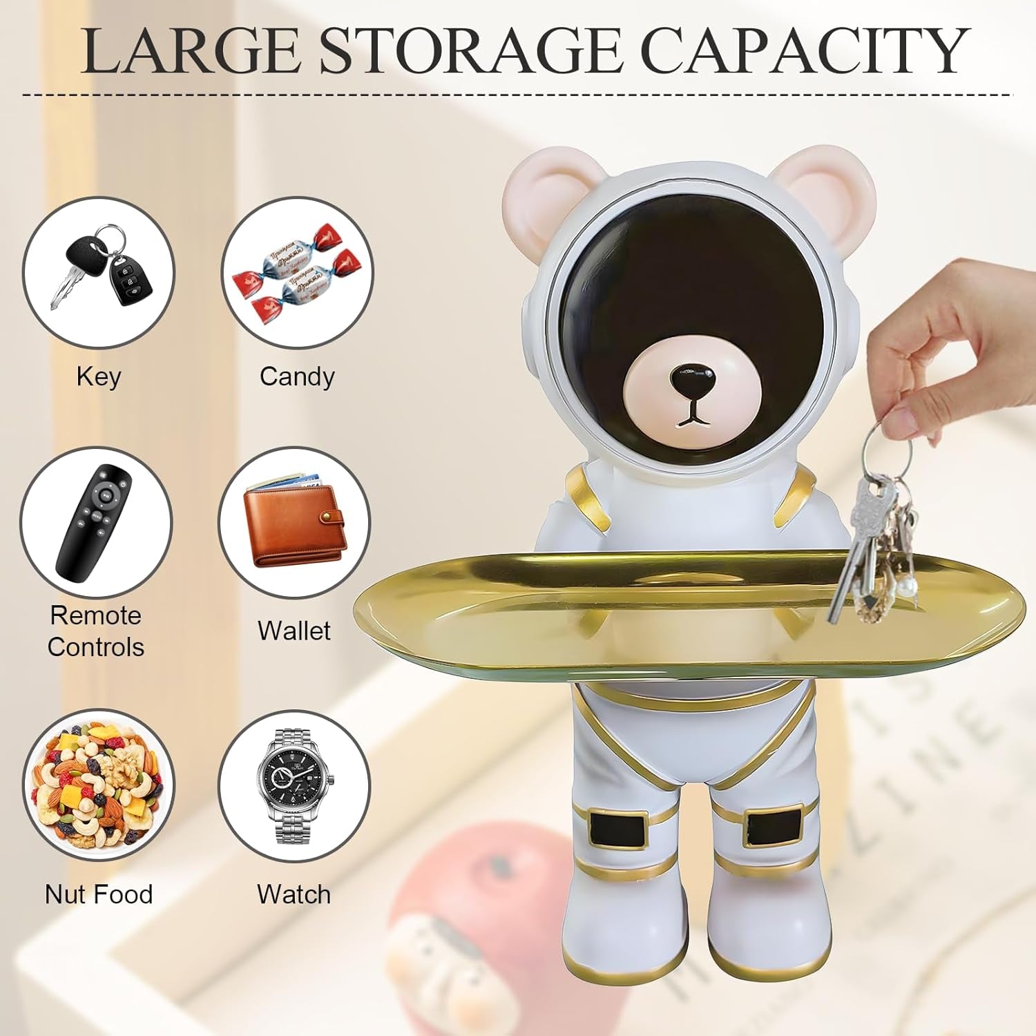 Astronaut Bear Gifts Key Holder Candy Dish Tray Home Decor Resin Butler Statue Key Bowl Entryway Table Sculpture Dining Table Decor Office Small Object Tray (White)