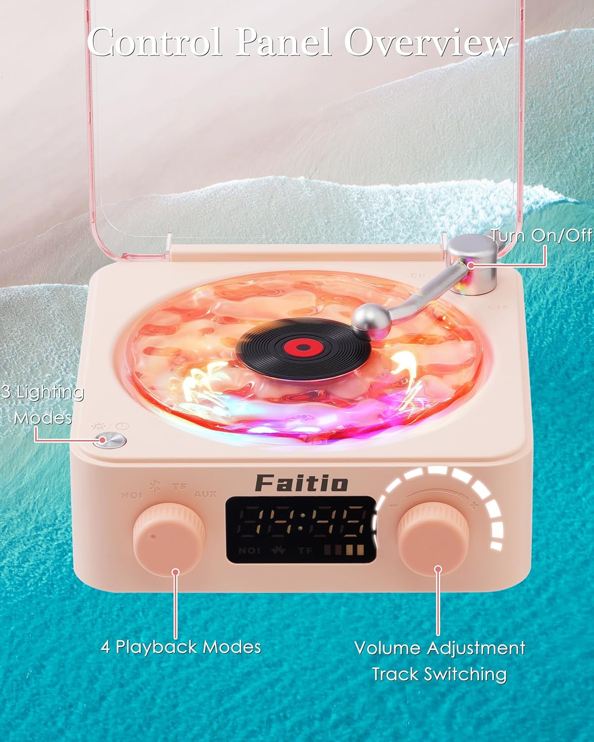 Waves Vinyl Bluetooth Speaker, Vinyl Record Player Style Speaker with Ocean Sound White Noise, Retro Bluetooth Speaker with Ambient Light and Timer, Mini Record Player Cute Speaker, Pink