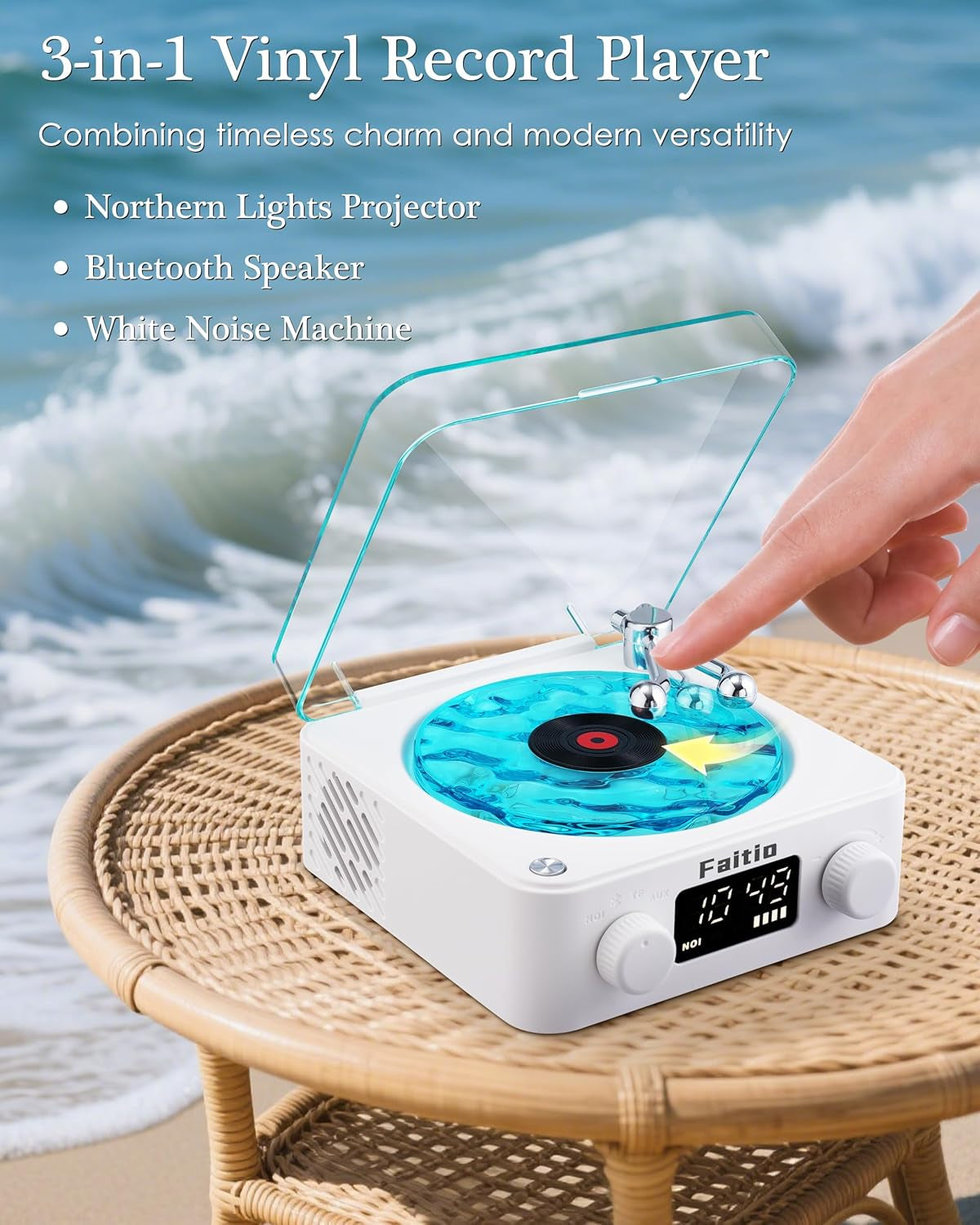 Waves Vinyl Bluetooth Speaker, Vinyl Record Player Style Speaker with Ocean Sound White Noise, Retro Bluetooth Speaker with Ambient Light and Timer, Mini Record Player Cute Speaker, White