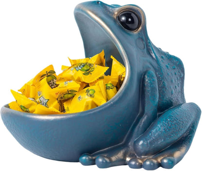 Large Mouth Frog Statue Candy Dish Jar for Office Desk, Funny Decorative Key Bowl for Entryway Table, Container Storage Box Living Room Table Art Decoration (Blue)