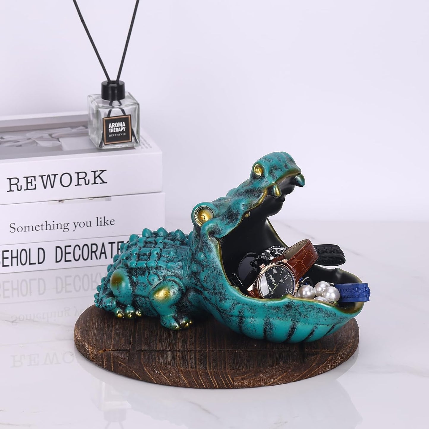 Crocodile Candy Dish, Fun Crocodile Statue Key Bowl for Entryway Table, Green Big Mouth Sculpture Weird Animal Hippo Candy Bowl - for Office Entry Way Table Art Sundries Container Storage Box